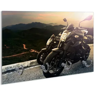 Wallario Schlüsselbrett Motorräder auf einem Berg im Sonnenschein, (inkl. Aufhängeset), 30x20cm, aus ESG-Sicherheitsglas schwarz