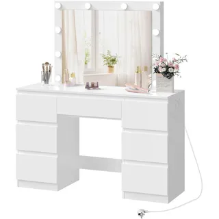 WOLTU Schminktisch mit Beleuchtung Hollywood, Steckdose, 7 Schubladen | einstellbare Helligkeit, großer Spiegel, 110 x 40 cm, Viel Stauraum, Frisiertisch aus Holz fürs Schlafzimmer, Weiß