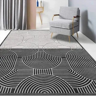 Quadratischer Teppich, Wohnzimmer, 120 x 120 cm, Schlafzimmer, Esszimmer, waschbar, Kurzflor, rutschfest, modern, geometrisch, minimalistisch, Schwarz, Weiß