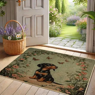 Fußmatte mit floralem Dackel, Schwarz und Hellbraun, Hunde-Design für Außen- und Inneneingang, Frühlingsdekoration, Gummi, wasserdicht, rutschfest, leicht zu reinigen, 73,2 x 43,2 cm