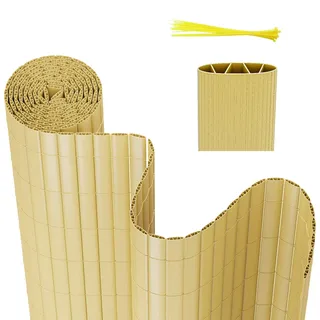 Peviasot PVC Sichtschutzmatte, 90x500cm Sichtschutzzaun, Vervierfachen Verstärkung Innen, Balkon Sichtschutz mit Kabelbindern, ohne Bohren, Windschutz Wasserdicht für Balkon Garten, Bambus