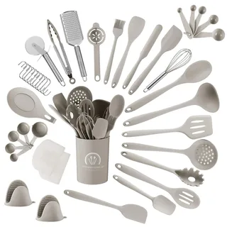 Küchenhelfer Set, 43 teiliges Küchenutensilien Set. Kochlöffel Set Silikon, Hochtemperaturbeständig und antihaftbeschichtet. Küchenutensilien beige mit Vorratsbehälter S Haken, spülmaschinenfest.