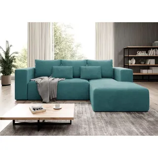 Easy4You Ecksofa Türkis Stripes L-Form in Kord – 255 cm - Schlafsofa mit Bettzeugbehälter und Schlaffunktion - Eckcouch mit Stauraum - Rechts ... - Türkis