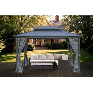 Pavillon KONIFERA "Thasos", grau (schwarz, schwarz), B/H/T: 398cm x 283cm x 300cm, Pavillons, mit Doppeldach, in BxT: 300x300 cm und 400x300 cm, ohne Seitenteile