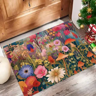 MULERN Schmutzfänger Saugfähige Fußmatte, Garten Szene Türvorleger Waschbare rutschfeste Eingangsmatte, Wildblumen Pilze Sauberlaufmatte Flur Teppich Innen, 40x60cm, bunt