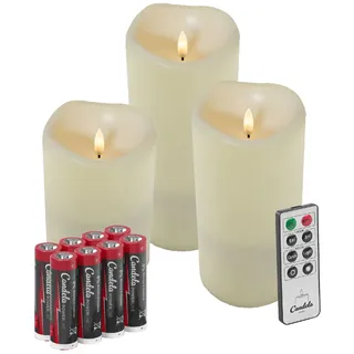 Candela Lights Outdoor LED Kerzen 3er Set Cream inkl. Fernbedienung + 6 Batterien Timer Funktion & mehrstufig dimmbar flammenlos Stumpenkerzen