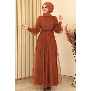 fashionshowcase Abendkleid silbriges Tüllkleid Abiye Abaya Hijab Kleid Maxikleid (SIMLI GAMZE) (ohne Hijab) Hoher Kragen, kein Ausschnitt. orange|rot 38(EU 36)