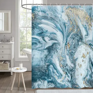 Duschvorhang Marmor Optik 200x180, Hnmdmyi Blau Gold Jade Textur Glitzer Duschvorhänge Abstrakt Aquarell Modern Luxus Kunst Badewanne Vorhang Wasserdicht Polyester Stoff Waschbar Badevorhang mit Haken