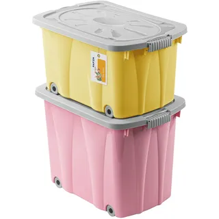 PAFEN Piraten Spielzeugkisten SET  2x Schatzkiste 49l + 62l mit Rollen Rosa/Gelb