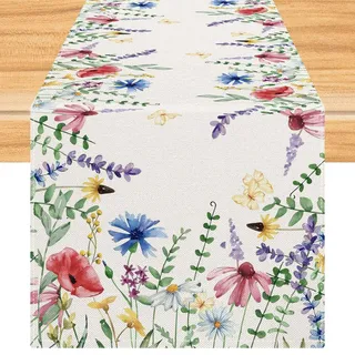 Kiatuniya Tischläufer Frühling Blumen Rosa Rot Aquarell Bunt Modern Klein Outdoor Sommer Waschbar Floral Esstisch Dekoration Table Runner für Küche Drinnen Party Tischdeko 33x183 cm