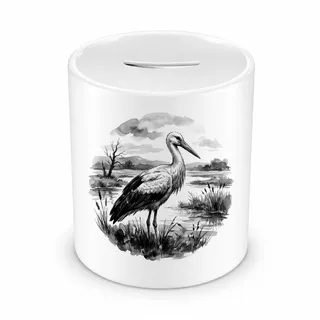Samunshi® Spardose mit dem Motiv Storch in der Wildnis - Spardose für Storch Fans Sparschwein mit Tier Motiv Sparbüchse Cash Money Geld weiß 330ml
