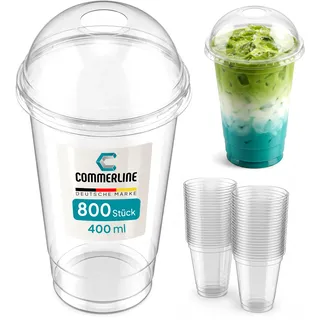 Commerline Smoothie Becher, 400 ml, 800 Stück, Slush Becher mit Domdeckel | Transparentes R-PET, Plastikbecher mit Deckel, Dessertbecher, Bubble Tea Becher, Eiskaffee To Go, Trinkhalmöffnung