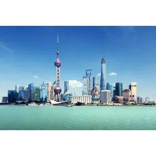Papermoon Fototapete PAPERMOON "SHANGHAI-STADT CHINA SKYLINE BRÜCKEN UFER FLUSS STRAND", bunt, B:4,5m L:2,8m, Vlies, Tapeten
