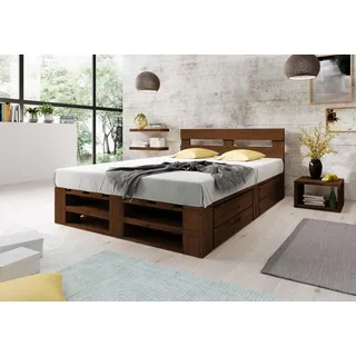 Lermowood Palettenbett M2 aus Holz 180 x 200 cm Palisander mit Kopfteil und 2 Bettkästen Holzbett 30cm Stabiles Seniorenbett Kinderbett Jugendbett Gästebett erhöhtes Bettgestell Futonbett Komforthöhe
