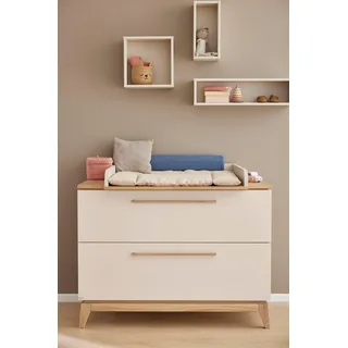 Wickelkommode PAIDI "STIENE in Beige mit Eiche Massivholz, inkl. Wickelaufsatz, Spar-Set", beige (cashmere, beige, eiche massiv, cashmere, beige, eiche massiv), B:123cm H:92cm T:57cm, Holz teilmassiv, Wickelkommoden, Wickelkommode, 2 Schubladen mit Soft-Close, 123 cm Breite, hochwertiger Wickeltisch