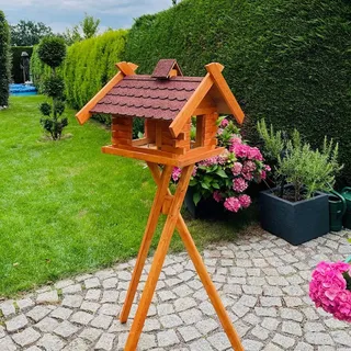 DARLUX Rechteckiges Vogelhaus M - XL wetterfest aus Holz Vogel Futterstelle Haus mit und ohne Ständer (Größe XL mit Ständer, Rot - Braun)