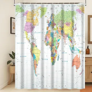 Xiaoterna Weltkarte Duschvorhang Bunte nautische Karte Ozean Badezimmer Vorhang Weißer Küsten Ozean Duschvorhang für Badezimmer Maschine waschbar wasserdichtes Gewebe 180x180cm