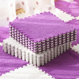 Weiche Ineinandergreifende Teppichfliesen, 18 Stück Plüschschaum-Fußmatten, Flauschige Puzzle-Teppiche, Quadratische Matten, 1 cm Dick(Color:Lila)