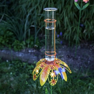 LED Solar Regenmesser mit Blume und Libelle - Gartenstecker - H: 84cm - Lichtsensor - orange, gr√on