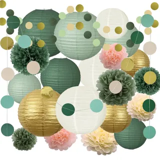 23 Stück Papier Lampions Set Salbei Grün und Gold,Salbeigrün Lampions,Runde Papierlaterne für Braut Hochzeitsdekorationen Geburtstagsfeier Gartenparty Salbeigrün Deko