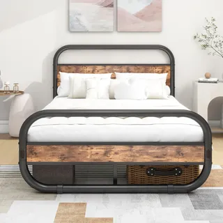 Diahomy Bett 120x200 cm mit Lattenrost aus Metall Bettgestell 120x200 cm mit Holzkopfteil Metallbett 120x200 Jugendbett für Schlafzimmer und Gästezimmer Braun