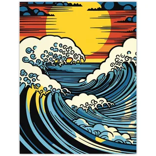 Artery8 The Great Wave Modern Seascape Artwork Comic Book Pop Art Sunset Extra Large XL Wall Art Poster Print