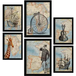 POSTER Set Mit 6 Vintage Karten Topografische Karten Im Retro Stil Von Europa, Afrika Und Spanien In Dezenten Farben A3 & A4 Schwarzer Rahmen