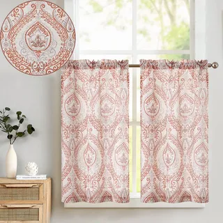 TOPICK Scheibengardine Bistrogardine Blumen 2er Set H90xB65 Rot Beige