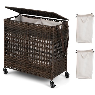 GOPLUS Wäschekorb mit Deckel & 110 L Kapazität, Wäschesammler aus synthetischem Rattan mit 2 abnehmbaren & waschbaren Innentaschen, Kleiderkorb für Waschküche