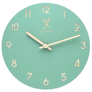 Holzwerk Natur Wanduhr Holz-Uhr Vintage lautloses Uhrwerk ohne Tickgeräusche Grün lautlos aus handgefertigtem Massivholz Natur Holz mit Hirsch Motiv (Grün.)