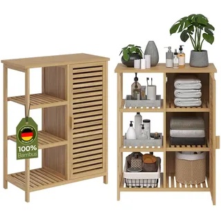 Bellamio Newa Badschrank Bambus – Badregal mit 6 Fächern & 1 Tür – Badezimmerschrank Holzoptik – Bambusschrank lackiert – Aufbewahrungsschrank 85x33x66 cm – Bambusregal schmal – Badmöbel