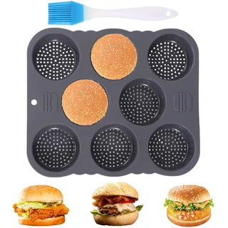 Tefola Burger Buns Backform, Antihaft Silikon, Brötchenform mit 8 Rillen, Rund 8cm Ø, Brötchen Backform Küche, für Brot, Burger Buns und Muffins, Kleinere Torten (8 Löcher)