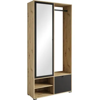 MINIO go for it - Garderobe DAFNI 90 cm Breit Flurgarderoben Set | mit Spiegel, Garderoben Set mit Ablage und Schuhschrank, Garderobenschrank Flur, Farbe: Artisan Eiche / Schwarz matt