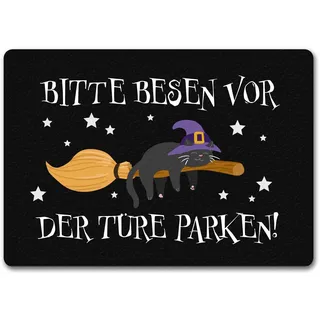 speecheese Fußmatte in 35x50 cm ohne Rand Hexen-Katze auf Besen | Bitte Besen vor der Türe parken eine gespentische Fußmatte als Dekoration für Frauen zu Halloween lustig