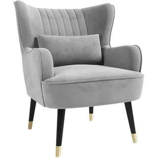 Vesgantti Samt Sessel, Moderne Relaxsessel mit Holzbein, Loungesessel mit Armlehnen, Ohrensessel für Wohnzimmer Schlafzimmer (Hellgrau, Ohne Fußhocker)