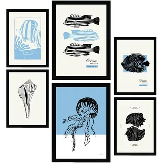 POSTER Set Mit 6 In Schwarzer Tinte Meerestiere Kunstdrucke Von Meer Und Ozean Für Innenarchitektur A3 & A4 Schwarzer Rahmen
