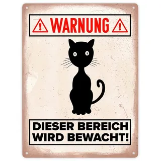 speecheese Warnung Bereich wird bewacht Metallschild XXL in 28x38 cm mit Katzen Silhouette witziges Blechschild für Katzenhalter lustige Warnung vor der Katze