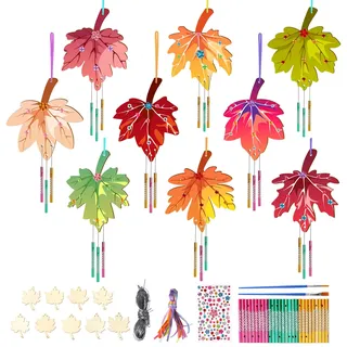SRIZIAN 9 Stück Herbst Ahornblatt Windspiel Bastelset Kinder, Holz Basteln Windspiele für Kinder Mädchen Junge Erntedankfest Geburtstagsfeier Dekoration DIY Kinderspielzeug