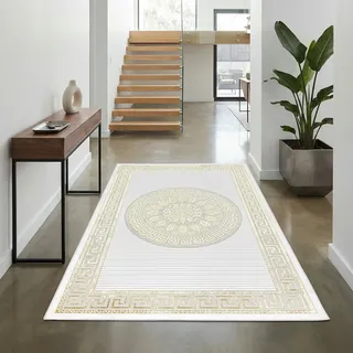 Teppich-Traum Kurzflor Teppich Orient Ornamente Creme Gold 80x150 cm | Pflegeleicht, strapazierfähig, schmutzabweisend, fußbodenheizungsgeeignet, OEKO-TEX geprüft, mit Glanzeffekt, 8 mm Flor