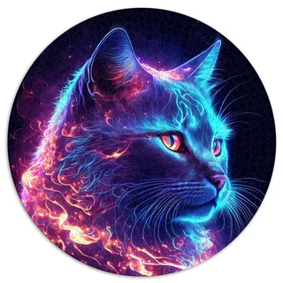 1000-teiliges Puzzle für Erwachsene, Neon-Katze, runde Puzzles, für Erwachsene und Kinder, Kartonpuzzles, Lernspiel, Herausforderung, Spielzeug (Größe 67,5 x 67,5 cm)