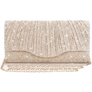 KbouZgxa Glitzernde Clutch Beige Damen, Clutch Gold Beige, Abendtasche Damen, Mit Abnehmbarer Metallkette, Elegante Abendtasche für Hochzeiten, Geburtstage, Bankette, Cocktail Partys - 21 x 12 x 6.5 cm