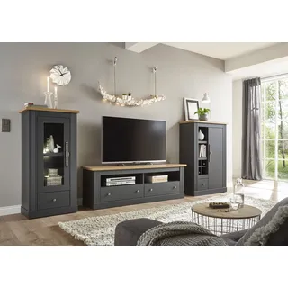 OTTO home Wohnwand OTTO HOME "Sherwood, Anbauwand im Landhausstil, Komplettset, Wohnzimmer-Set", grau (dunkelgrau, wotan eiche), B:331cm, Kastenmöbel-Sets, Holz Wohnwände Wohnwand, Set besteht aus 1 Vitrine, 1 Lowboard und 1 Kommode