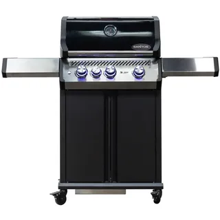 SANTOS Gasgrill S-301 Pro Schwarz - Premium Gasgrill 3 Brenner & Seitenkocher - BBQ Grillwagen mit Gussrost, XXL Warmhalterost & beleuchtetem Drehregler - Gas Grill mit doppelwandigem Deckel