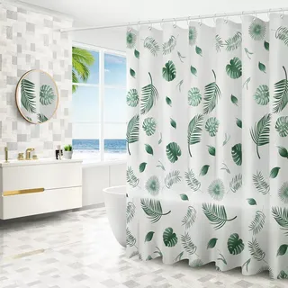 Duschvorhang 200 X 220 Cm – Schnelltrocknend Mit Haken – Wasserdicht Und Schimmelresistent – Inkl. 12 Duschvorhangringen – Für Dusche Und Badewanne, Grüne Blätter