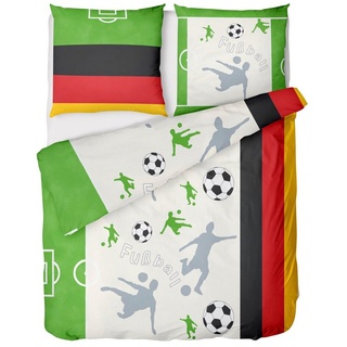 Kinderbettwäsche Fußball Bettwäsche 135x200 + 80x80 cm Grün - Deutschland, LINKHOFF, für Kinder - Biber Bettwäsche-Set - 100% Baumwolle Bügelfrei
