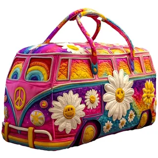 Hippie Van Quilted Duffle Bag – Boho Wochenendtasche - Bus Design Handliche Reisetasche Damen Weekender Sporttasche Handgepäck mit Stickerei für Urlaub & Party - Einheitsgröße