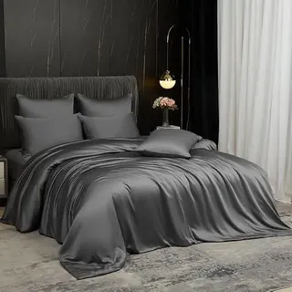 Gezu Bambus Lyocell Bettwäsche 155x220 Grau Anthrazit 100% Bambusseide | Antibakteriell Bettbezug 155x220 Bambusfasern Glänzend Bettwäsche Set Bamboo Luxus mit 2 Kissenbezüge mit Reissverschluss