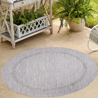 HomebyHome In & Outdoor Teppich Wetterfest Sisal Optik Silber 120 cm Rund - Balkon Teppich Wasserfest, Waschbar, Flachgewebe - Ideal für Küche, Camping, Garten und Terrasse