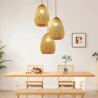 Pendelleuchte 3-Flammig Vintage Esstisch Rattan Bambus Pendellampe Retro Stil Laterne E27 Kronleuchter Antik Lampe Landhaus Hängelampe Wicker Lampenschirm Schlafzimmer Wohnzimmer Cafe Bar Deckenlampe(