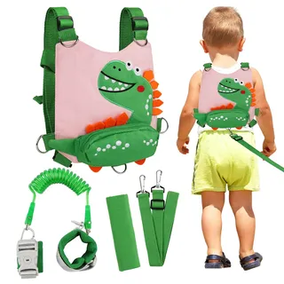 Kinder Sicherheitsleine, Zhiwei Kinder Laufgeschirr 4-in-1-Set, Cute Dinosaur Rucksack, Anti-verloren Gürtel Handgelenk Leine, Anti-lost Harness für Draußen (Rosa)